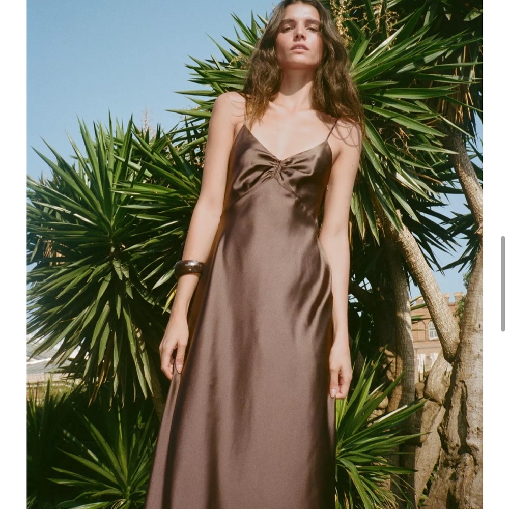 Zara NWT ruched satin effect midi dress brown 8394/331 - Picture 2 of 11